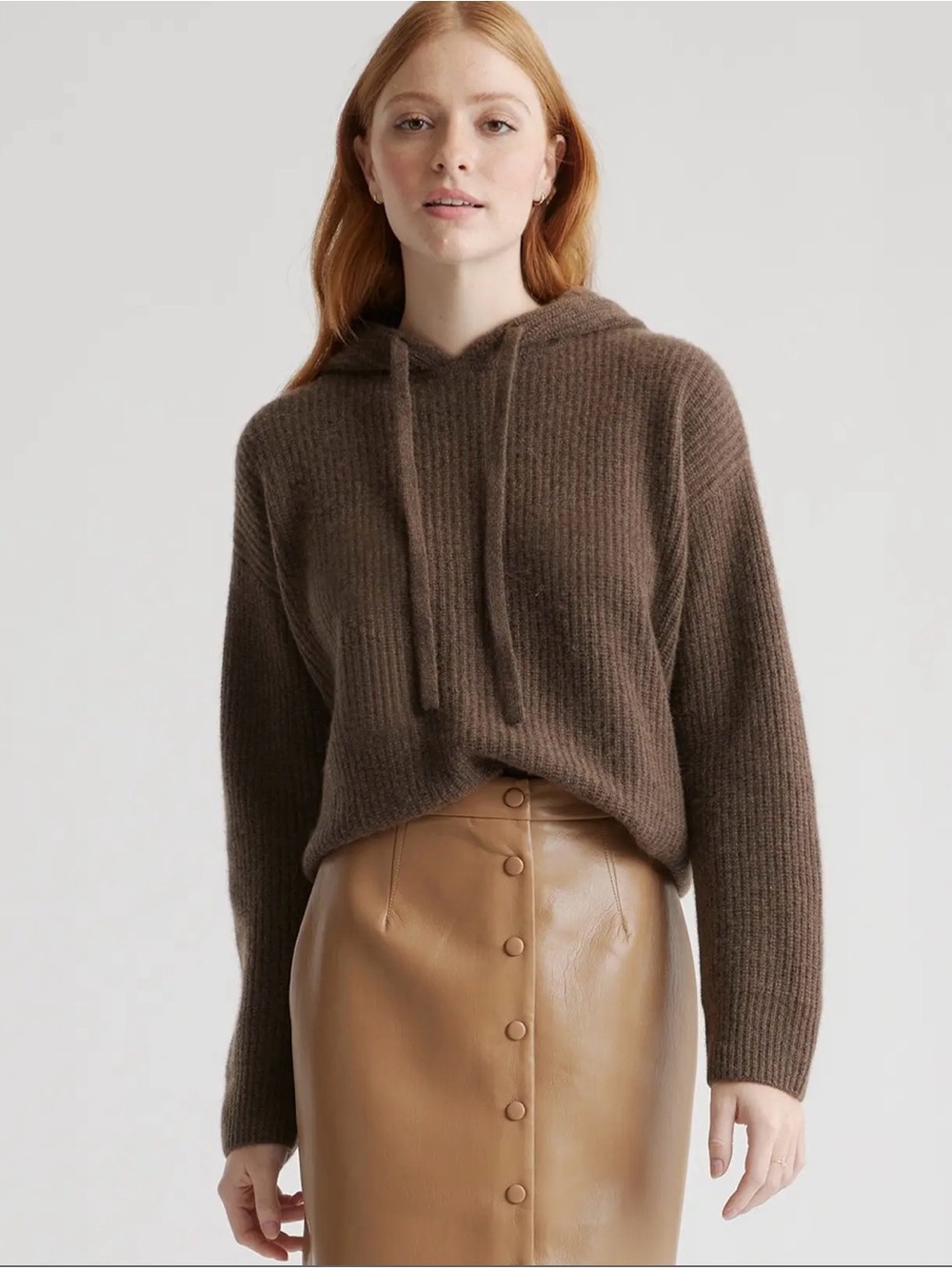 Quince 100% Mongolian Cashmere Fisherman Pullover Hoodie Brown Size M